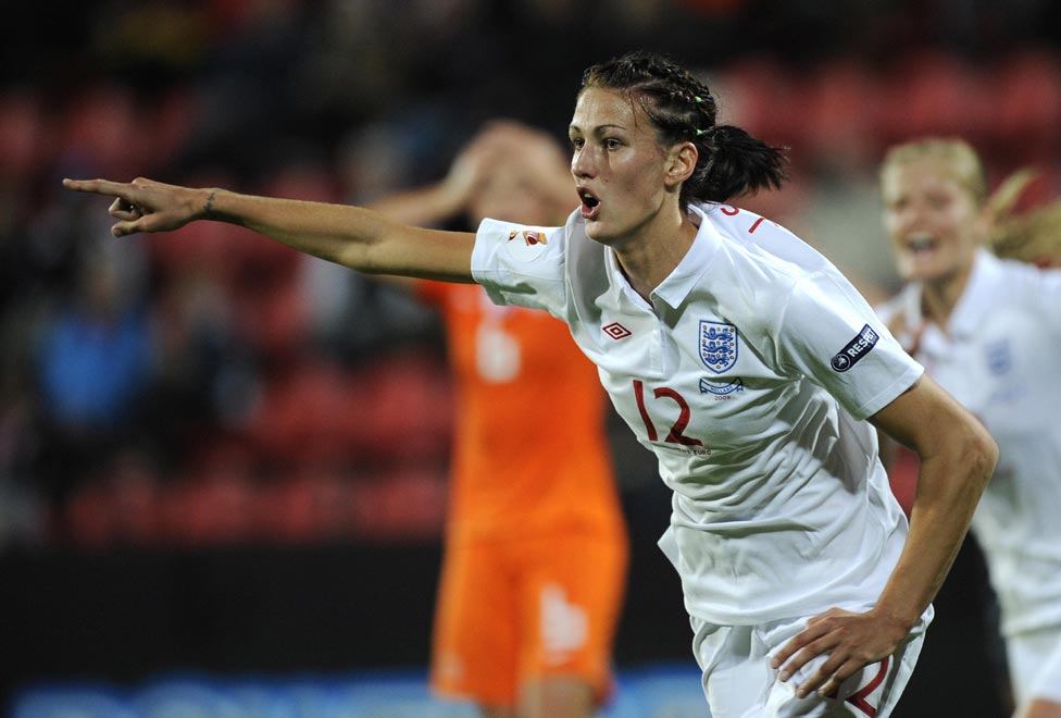 Jill Scott celebrates scoring England's winning goal.